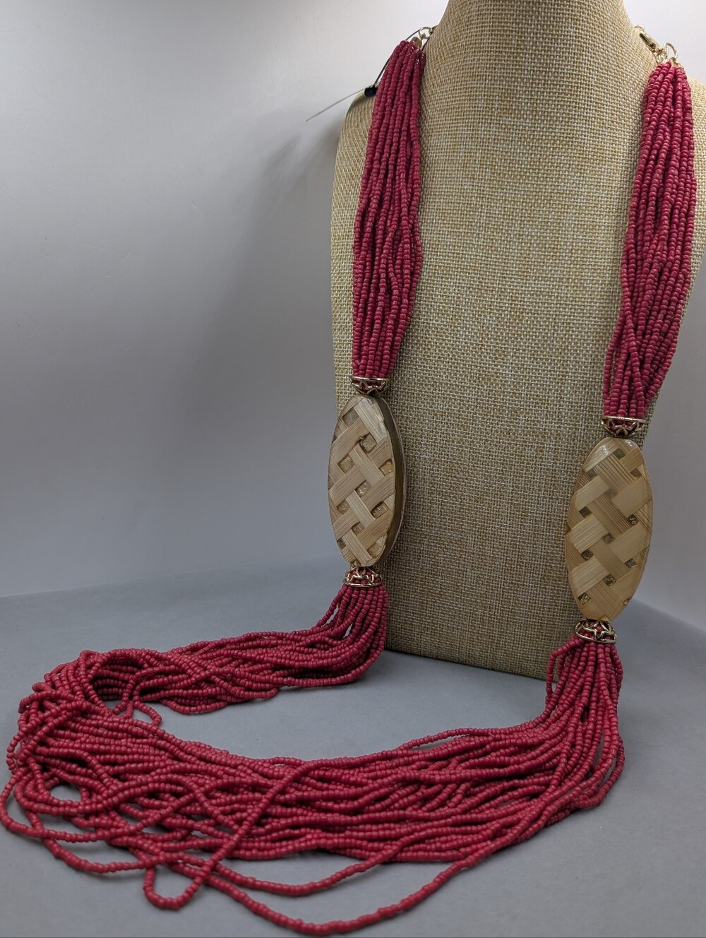 NWT Chico’s Maya Bamboo Multi Strand Coral Red Bead Necklace | 0045